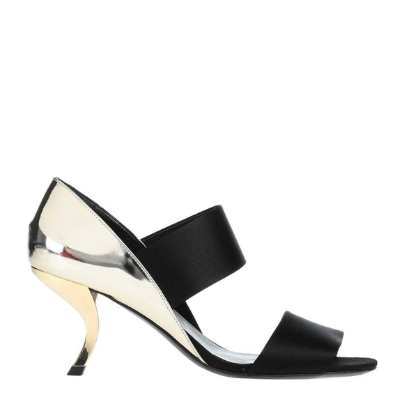 Roger Vivier black satin and silver mirror sandal with gold mirror 4” heel - Picture 1 of 4